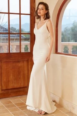 Sirène Spaghetti Straps Robe De Mariée Blanche Avec Bouton -Zapaka 03004941 White 6