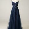 Une Ligne Spaghetti Straps Navy Prom Robe Avec Appliques -Zapaka 04032609 1