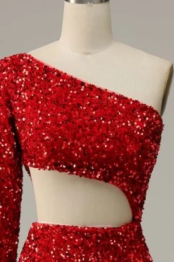 Sirène Une épaule Paillettes Rouges Robe De Bal Découpée Avec Front Divisé -Zapaka 04033126 Red 4
