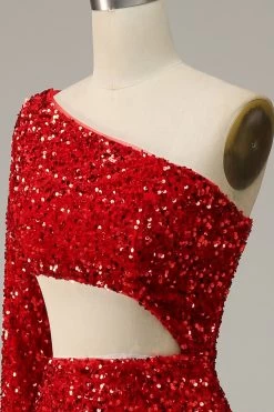 Sirène Une épaule Paillettes Rouges Robe De Bal Découpée Avec Front Divisé -Zapaka 04033126 Red 5