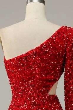 Sirène Une épaule Paillettes Rouges Robe De Bal Découpée Avec Front Divisé -Zapaka 04033126 Red 6
