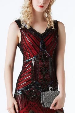 Robe Col En V Sans Manche à Franges Avec Paillettes Rouge -Zapaka 10427658408 247752188