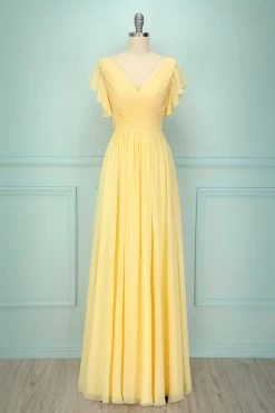 Robe Longue à Col En V Jaune
