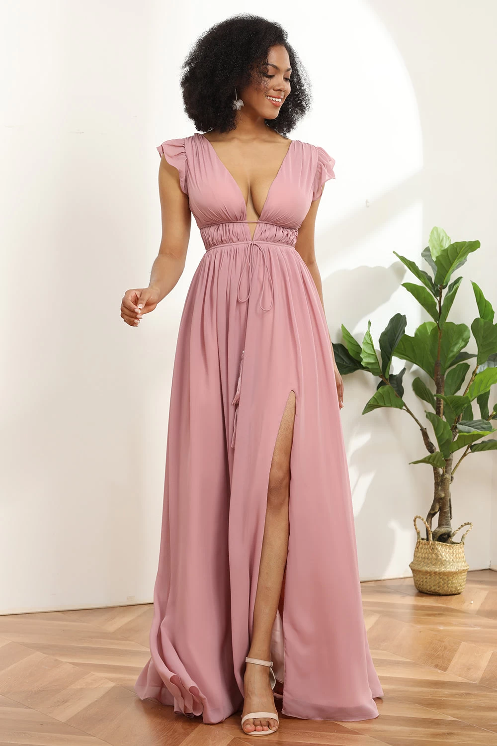 Blush V-Neck Longue Mousseline Robe De Demoiselle D’Honneur 7 Blush V-Neck Longue Mousseline Robe De Demoiselle D’Honneur – Image 5