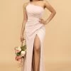 Blush Satin Mermaid One Shoulder Long Bridesmaid Robe Avec Fente -Zapaka 28009003 20Blush 20 3