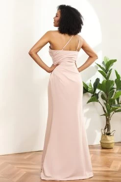 Blush Satin Mermaid One Shoulder Long Bridesmaid Robe Avec Fente -Zapaka 28009003 Blush 2
