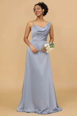Une Ligne à Col Asymétrique Gris Bleu Satin Long Robe Demoiselle D’honneur -Zapaka 28009032 20 2