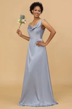 Une Ligne à Col Asymétrique Gris Bleu Satin Long Robe Demoiselle D’honneur -Zapaka 28009032 20 3