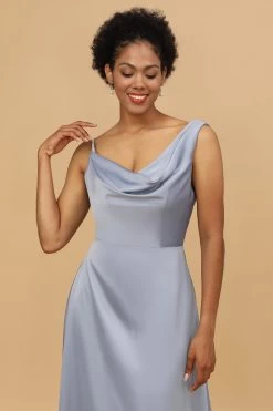 Une Ligne à Col Asymétrique Gris Bleu Satin Long Robe Demoiselle D’honneur -Zapaka 28009032 20 4