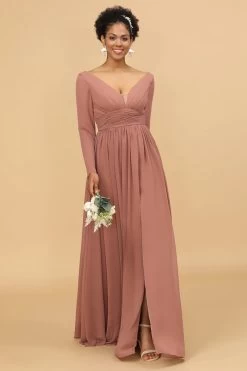 Blush V-Neck Manches Longues Robe-demoiselle D’honneur