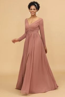 Blush V-Neck Manches Longues Robe-demoiselle D’honneur -Zapaka 28009042 Blush 4