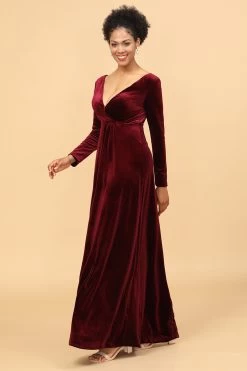Gaine Bourgogne Col V Profond Col Longues Manches Longues Velours Robe Demoiselle D’honneur -Zapaka 28009043 Burgundy 4
