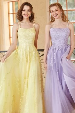 Magnifique A Line Spaghetti Straps Yellow Long Prom Robe Avec Appliques