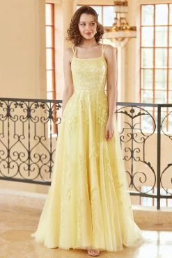 Magnifique A Line Spaghetti Straps Yellow Long Prom Robe Avec Appliques -Zapaka 4033012 Yellow 2