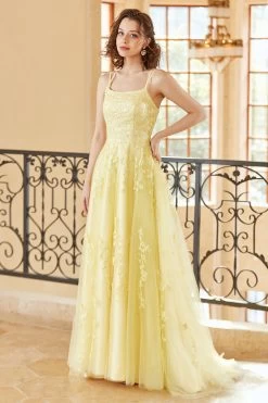 Magnifique A Line Spaghetti Straps Yellow Long Prom Robe Avec Appliques -Zapaka 4033012 Yellow 4