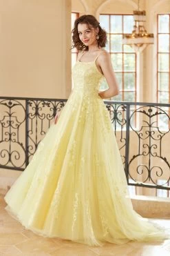 Magnifique A Line Spaghetti Straps Yellow Long Prom Robe Avec Appliques -Zapaka 4033012 Yellow 8