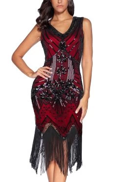 Robe Col En V Sans Manche à Franges Avec Paillettes Rouge
