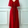 Red V Cou Boutons Robe D’été -Zapaka AUP2002SolidBurgundy 1 first