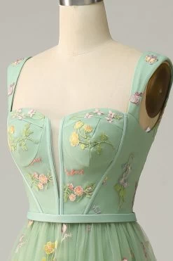 A-Line Col Carré Vert Long Soirée Robe Avec Broderie -Zapaka CEYY1201Green 2