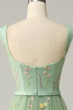 A-Line Col Carré Vert Long Soirée Robe Avec Broderie -Zapaka CEYY1201Green 4