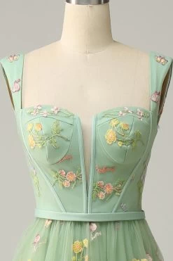 A-Line Col Carré Vert Long Soirée Robe Avec Broderie -Zapaka CEYY1201Green 6