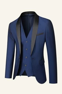 Châle Bleu Foncé Revers 3 Pièces Costumes De Mariage Pour Hommes