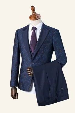 Bleu Foncé à Revers à Pointe Imprimé Smoking 3 Pièces Pour Homme 15 Bleu Foncé à Revers à Pointe Imprimé Smoking 3 Pièces Pour Homme -Zapaka CGGXH01094 Dark Blue 3