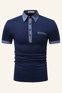 Blue Patchwork Coton Manches Courtes Polo Décontracté 14 Blue Patchwork Coton Manches Courtes Polo Décontracté -Zapaka CGGXH01292 Navy 1