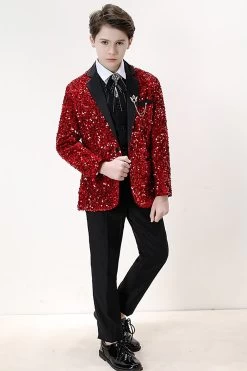 Sparkly Red Sequins Boys' 3 Piece Ensemble De Costume Formel Pour Garçons