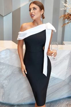 Gaine Une épaule Robe De Fête Noire Avec Nœud Papillon -Zapaka CGGXH0283 Black 3