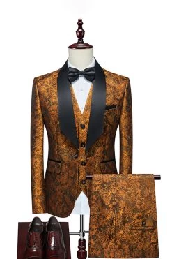 Blanc Jacquard Châle Lapel 3 Pièces Costumes Homme -Zapaka CGGXH0600 Coffee 1