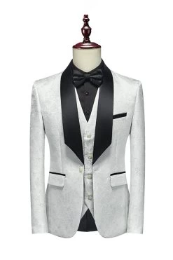 Blanc Jacquard Châle Lapel 3 Pièces Costumes Homme -Zapaka CGGXH0600 White 2