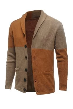 Patchwork Marron Châle Col Manches Longues Homme Cardigan Pull -Zapaka CGGXH0618 Brown 3