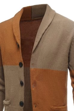 Patchwork Marron Châle Col Manches Longues Homme Cardigan Pull -Zapaka CGGXH0618 Brown 6