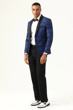 One Button Blue Shawl Lapel Jacquard Men’s Prom Blazer 20 One Button Blue Shawl Lapel Jacquard Men’s Prom Blazer -Zapaka CGGXH0729Blue 3
