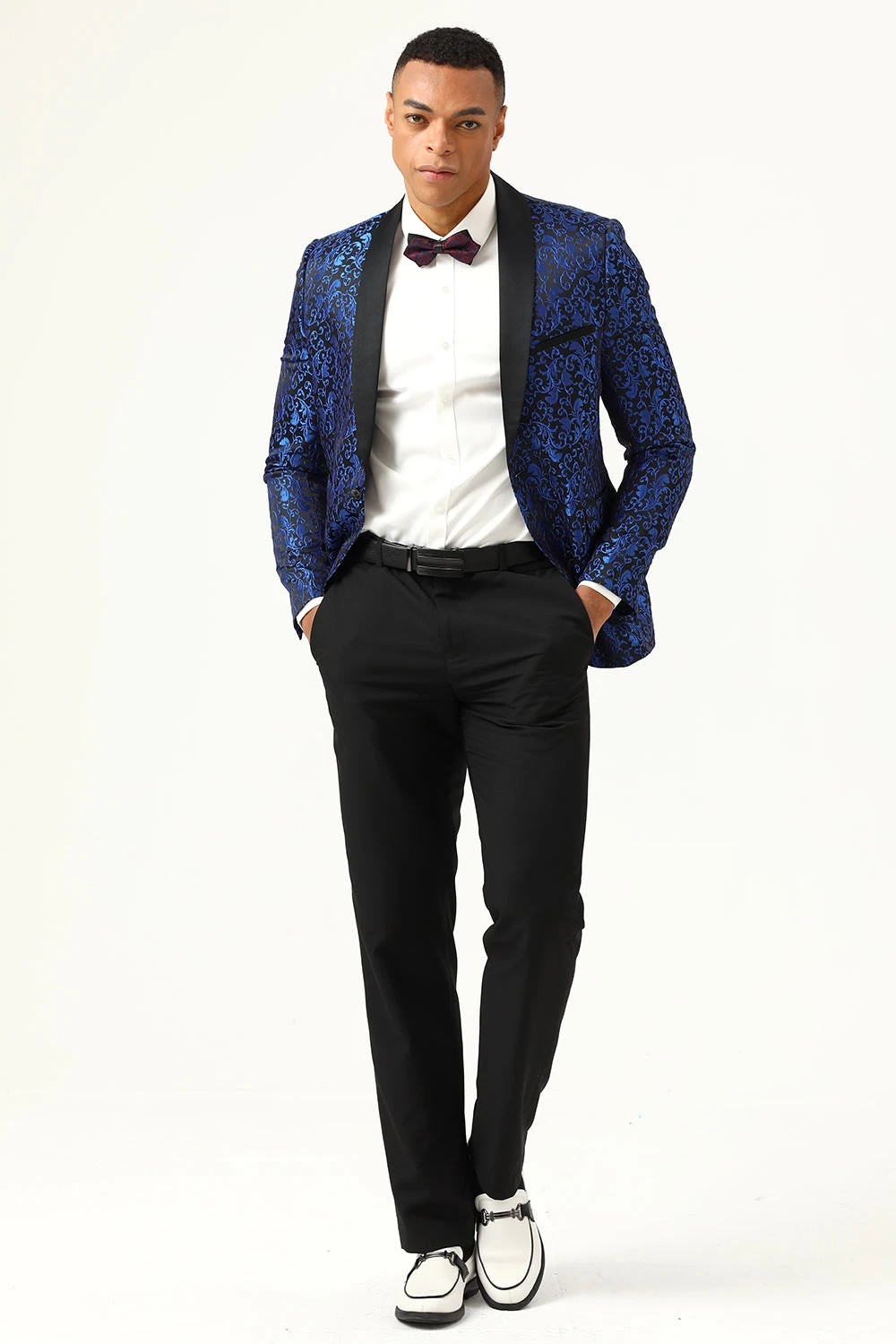 One Button Blue Shawl Lapel Jacquard Men’s Prom Blazer 3 One Button Blue Shawl Lapel Jacquard Men’s Prom Blazer