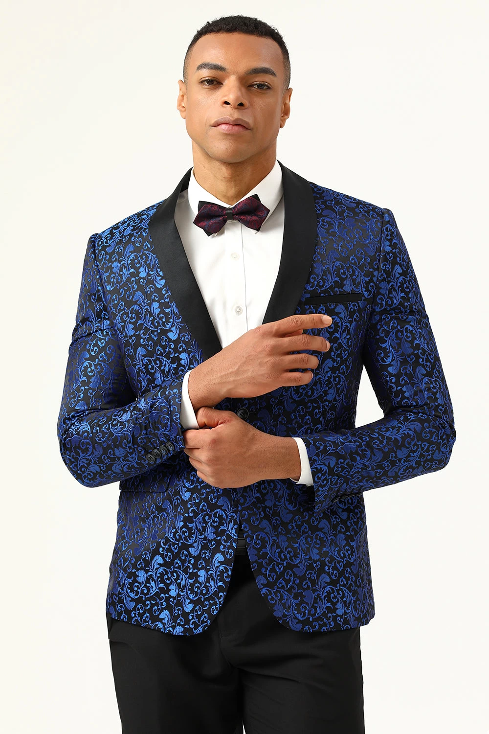 One Button Blue Shawl Lapel Jacquard Men’s Prom Blazer 7 One Button Blue Shawl Lapel Jacquard Men’s Prom Blazer – Image 5