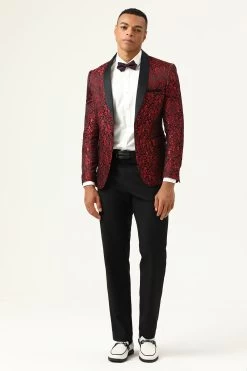 One Button Blue Shawl Lapel Jacquard Men’s Prom Blazer 23 One Button Blue Shawl Lapel Jacquard Men’s Prom Blazer -Zapaka CGGXH0729Burgundy 1