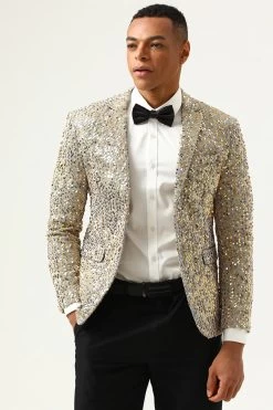 Paillettes De Champagne Scintillantes Revers Crantées Blazer De Bal Pour Hommes