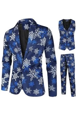 Blue Snowflake Imprimé 3 Pièces Costumes De Fête De Noël Pour Hommes