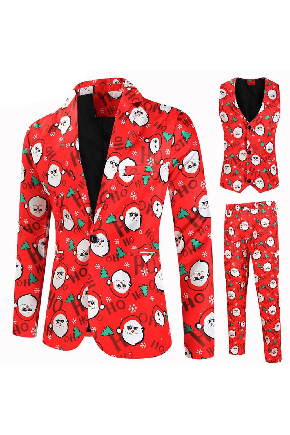 Bonhomme De Neige Rouge Imprimé 3 Pièces Costume Pour Hommes De Fête De Noël 3 Bonhomme De Neige Rouge Imprimé 3 Pièces Costume Pour Hommes De Fête De Noël