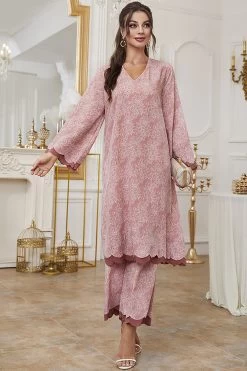 Caftan Marocain à Col En V Deux Pièces -Zapaka CGLH3007 20Pink