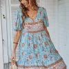 V Col Bohème Style Imprimé Robe D’été Bleue -Zapaka CGLLY30038 Blue 1