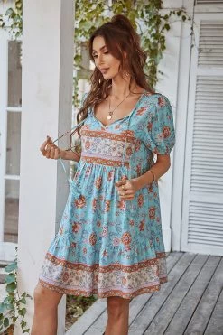 V Col Bohème Style Imprimé Robe D’été Bleue -Zapaka CGLLY30038 Blue 3
