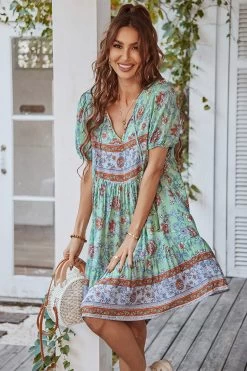 V Col Bohème Style Imprimé Robe D’été Bleue -Zapaka CGLLY30038 Green 1