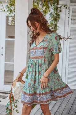 V Col Bohème Style Imprimé Robe D’été Bleue -Zapaka CGLLY30038 Green 3