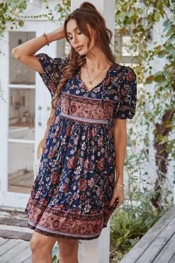V Col Bohème Style Imprimé Robe D’été Bleue -Zapaka CGLLY30038 Navy Blue 2