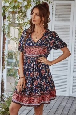 V Col Bohème Style Imprimé Robe D’été Bleue -Zapaka CGLLY30038 Navy Blue 3