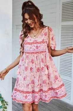 V Col Bohème Style Imprimé Robe D’été Bleue -Zapaka CGLLY30038 Pink 1