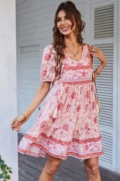 V Col Bohème Style Imprimé Robe D’été Bleue -Zapaka CGLLY30038 Pink 2